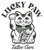 Green Lucky Paw Tattoo Care logo featuring a stylized beckoning cat design and curved Lucky Paw lettering on a transparent background.