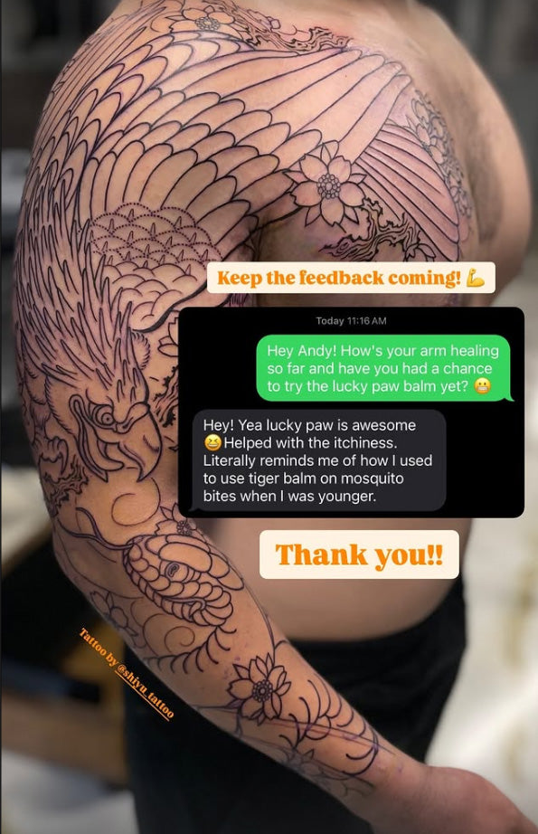 Client review of Lucky Paw Tattoo Cooling Balm showing a Japanese-style arm tattoo outline in progress, with feedback about itch relief and soothing effects during healing.
