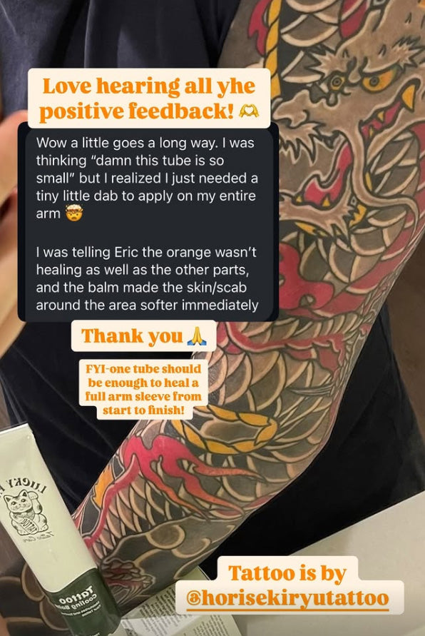 Client review of Lucky Paw Tattoo Cooling Balm featuring a healed Japanese dragon sleeve tattoo by Horiseki Ryu Tattoo, highlighting positive feedback about skin softness and faster healing.