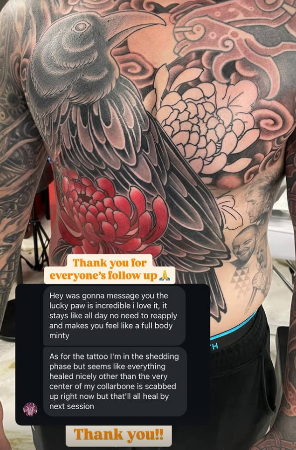 Client review of Lucky Paw Tattoo Cooling Balm featuring a healed Japanese-style torso tattoo by Shiyu Tattoo, showing message feedback about the balm’s cooling and soothing effect.