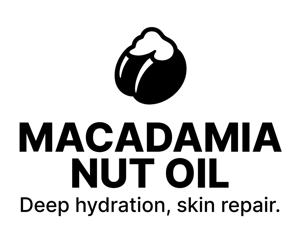 Macadamia nut oil icon with text reading “Deep hydration, skin repair” — featured ingredient in Lucky Paw Tattoo Care Cooling Balm.