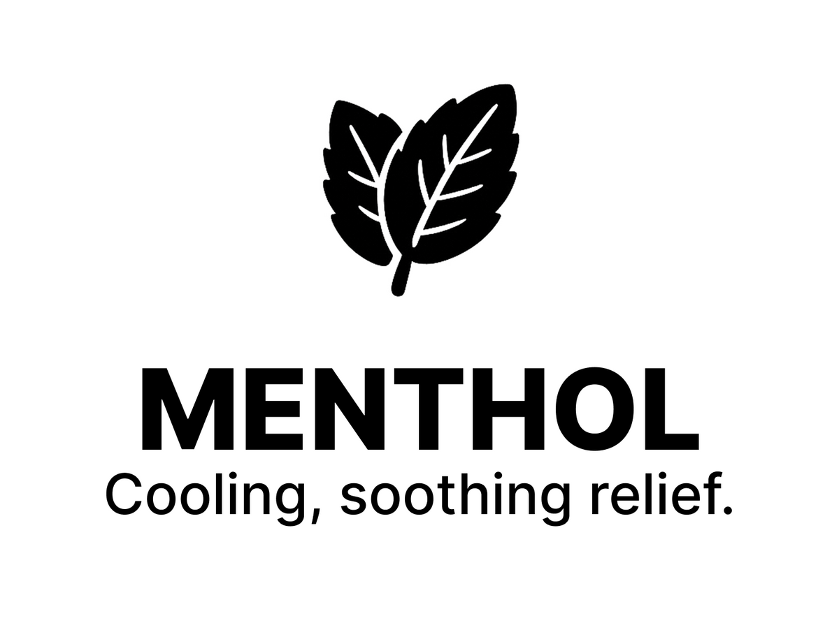 Menthol icon with text reading “Cooling, soothing relief” — ingredient in Lucky Paw Tattoo Care Cooling Balm that helps calm itch and refresh the skin.