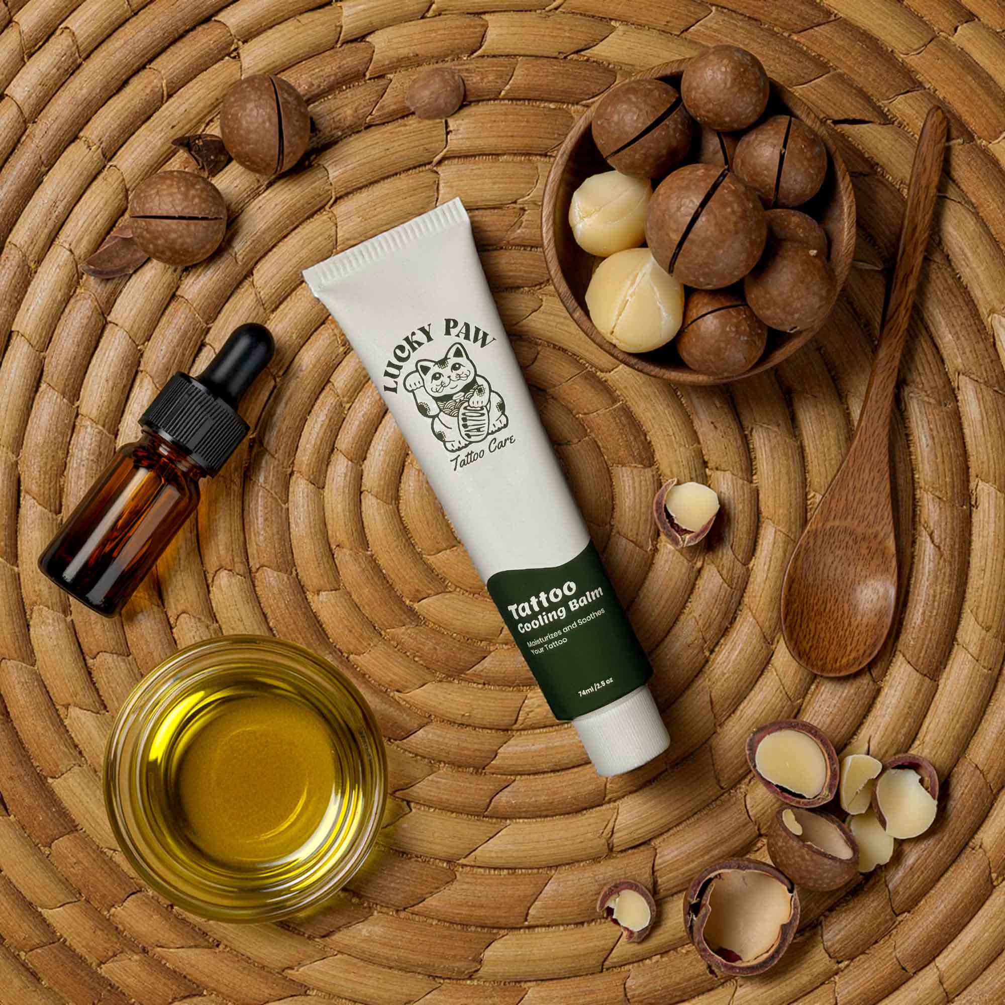 Macadamia Nut Oil - Natural ingredient in Lucky Paw Tattoo Cooling Balm for deep skin hydration