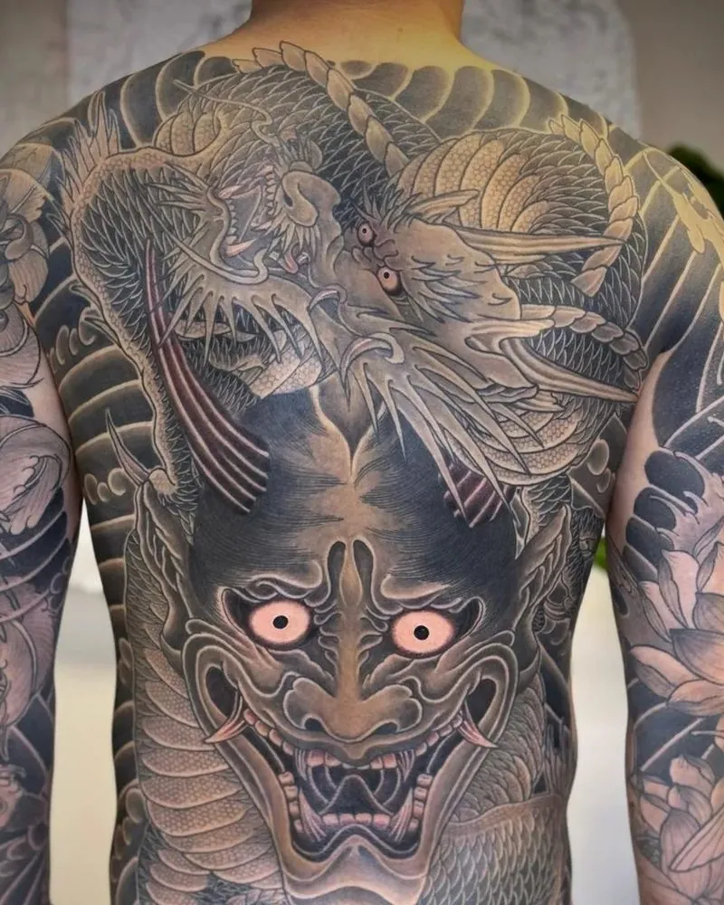Healed hannya and dragon backpiece tattoo by our artists