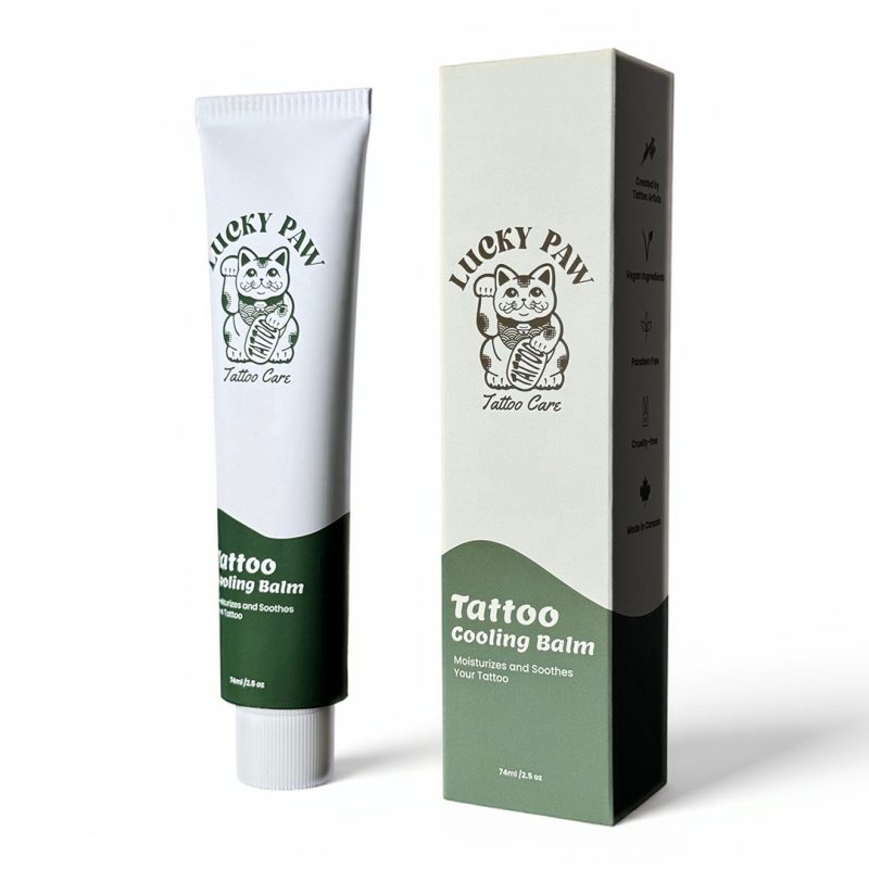 Lucky Paw Tattoo Cooling Balm tube beside branded box on white studio background